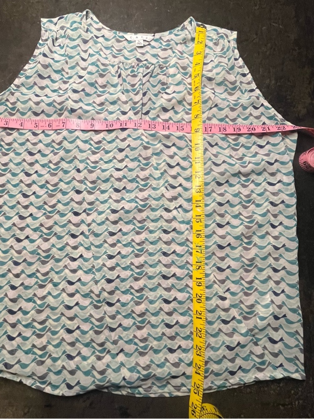 Cabi Turquoise & White Sleeveless Bird Blouse, L - Picture 6 of 7